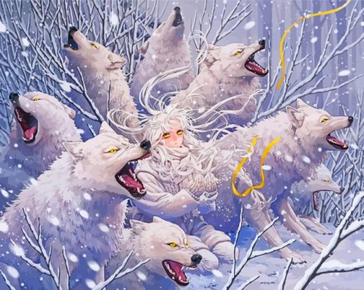 Anime Girl White Wolves Diamond Painting