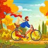 Autumn Couple Riding Bicycle Diamond Paintings