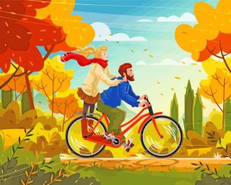 Autumn Couple Riding Bicycle Diamond Paintings