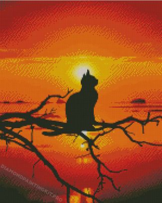 Cat Silhouette On Tree Branch At Sunset Diamond Painting