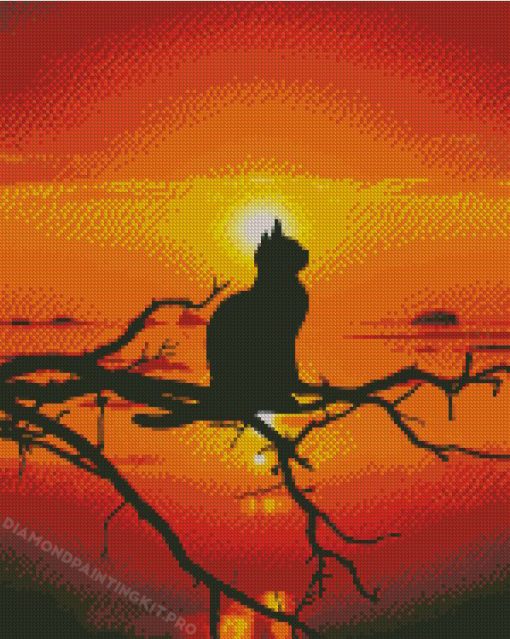 Cat Silhouette On Tree Branch At Sunset Diamond Painting