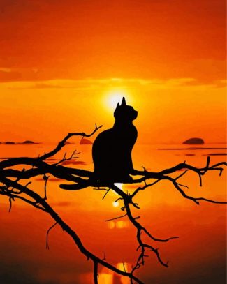 Cat Silhouette On Tree Branch At Sunset Diamond Painting