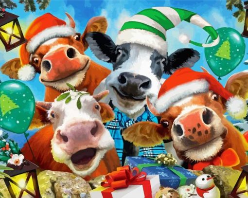 Christmas Cows Selfie Diamond Paintings