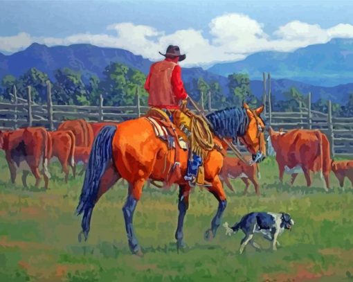 Cowboy And Dog In Farm Diamond Painting