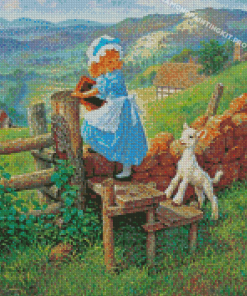 Cute Lamb And Little Girl Diamond Paintings