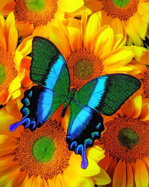 Green Blue Butterfly On Sunflowers Diamond Paintings