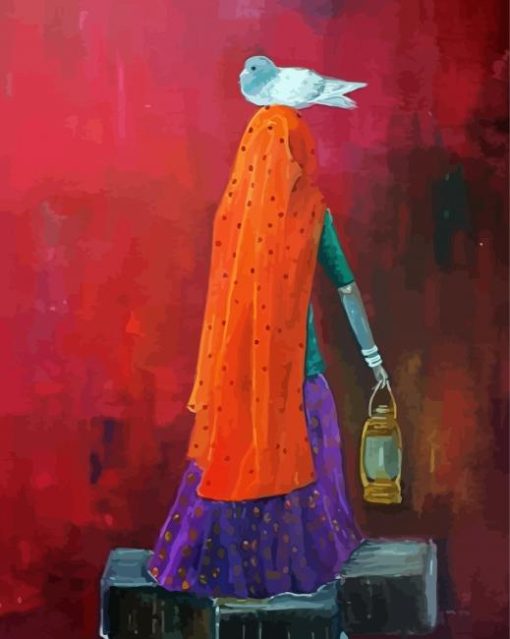 Indian Woman Holding Lantern Diamond Painting