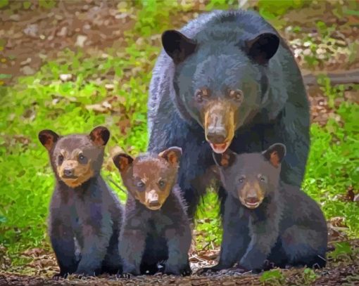 Mama Bear And 3 Cubs Animals Diamond Painting