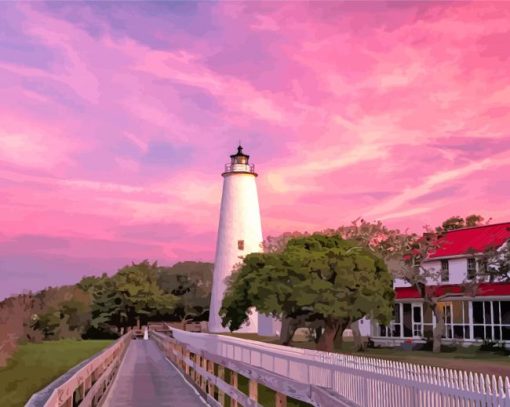 Sunset At Ocracoke Lighthouse Diamond Paintings