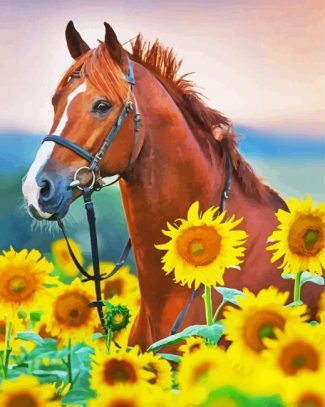 Brown Horse With Sunflowers Diamond Paintings