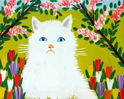 White Cat Maud Lewis Diamond Painting