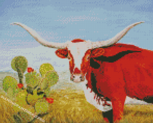 Longhorn Cows With Cactus Diamond Paintings