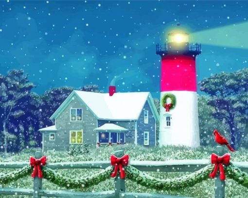 Merry Christmas Lighthouse In Winter Diamond Paintings