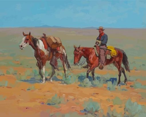 Mounted Cowboy And Pack Horse By Richard Lorenz Diamond Paintings