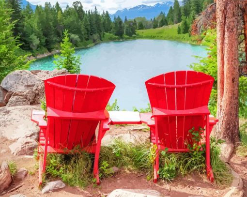 Red Chairs Lake Diamond Paintings