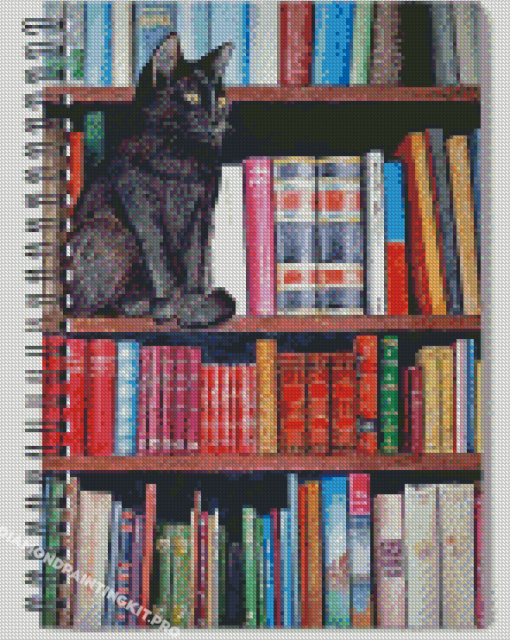 Black Cat On Bookshelf Diamond Paintings