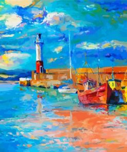 Colorful Boats And Lighthouse Abstract Diamond Paintings