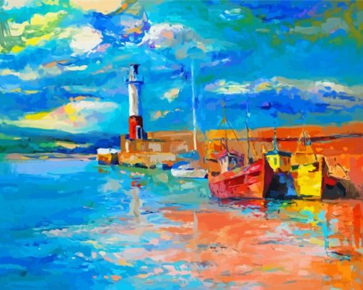 Colorful Boats And Lighthouse Abstract Diamond Paintings