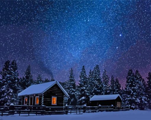 Cabin At Starry Night Diamond Paintings