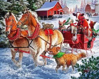 Charistmas Horse Sleigh With Dogs Diamond Paintings
