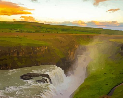 Gullfoss Falls At Sunset Landscape Diamond Paintings