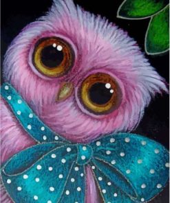 Pink Owl With Blue Ribbon Diamond Paintings