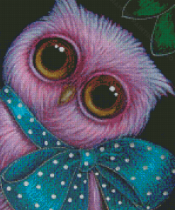 Pink Owl With Blue Ribbon Diamond Paintings