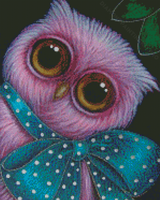 Pink Owl With Blue Ribbon Diamond Paintings