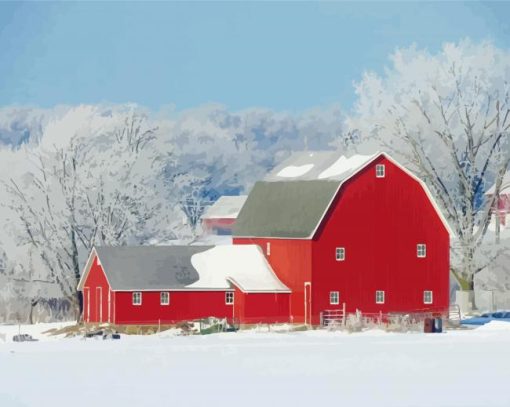 Red Barn In Winter Diamond Paintings