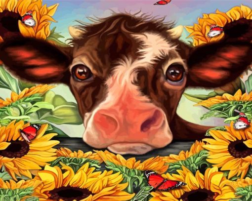 Sunflower Cow With Butterflies Diamond Paintings