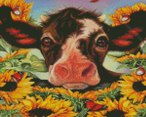 Sunflower Cow With Butterflies Diamond Paintings