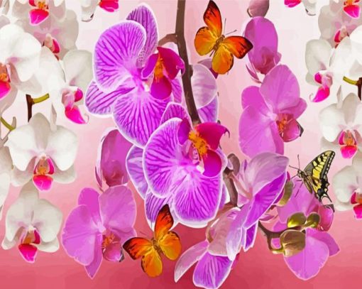 White Pink Orchid And Butterflies Diamond Paintings