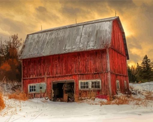 Aesthetic Red Barn In Winter Diamond Paintings