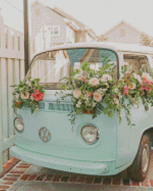 Blue Volkswagen With Flowers Diamond Paintings