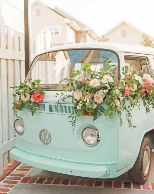 Blue Volkswagen With Flowers Diamond Paintings