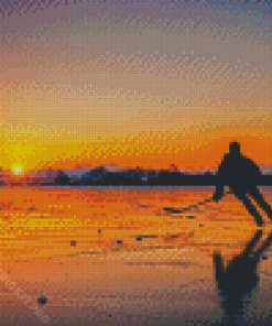 Ice Hockey On Lake With Sunset Diamond Paintings