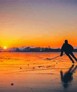 Ice Hockey On Lake With Sunset Diamond Paintings