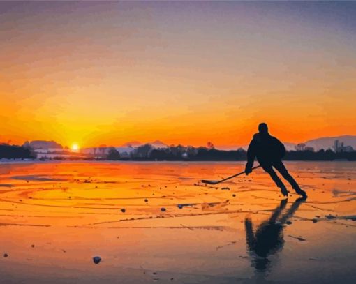 Ice Hockey On Lake With Sunset Diamond Paintings