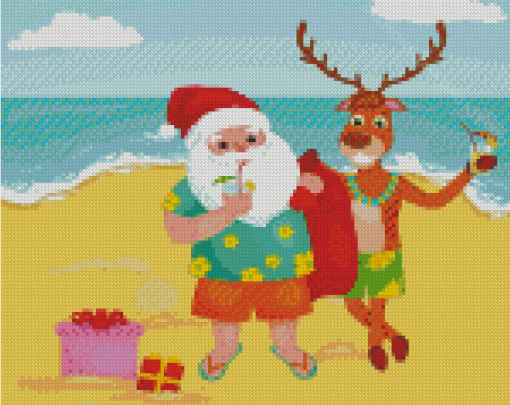 Reindeer And Santa On The Beach Diamond Paintings