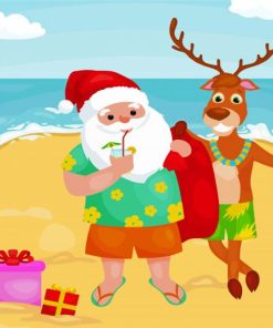 Reindeer And Santa On The Beach Diamond Paintings