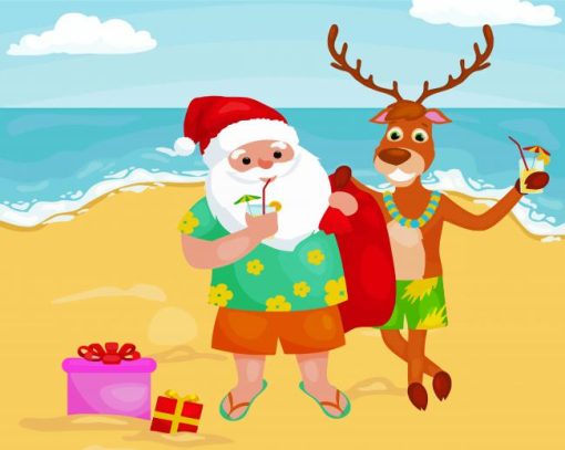 Reindeer And Santa On The Beach Diamond Paintings