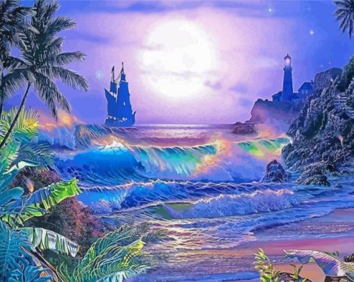 Ship And Lighthouse Night Scene Diamond Paintings