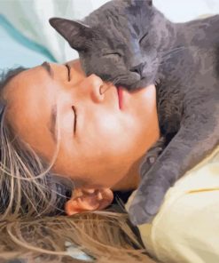 Woman And Her Grey Kitten Diamond Paintings