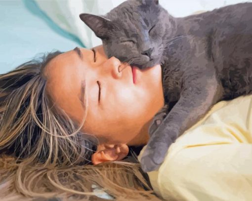 Woman And Her Grey Kitten Diamond Paintings