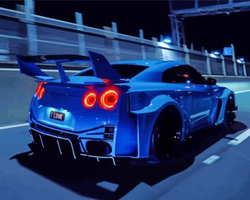 Blue R35 Car On Road Diamond Paintings