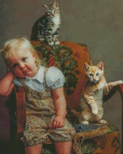 Cute Child And Kittens Diamond Paintings