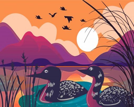 Loons On Lake Illustration Diamond Paintings