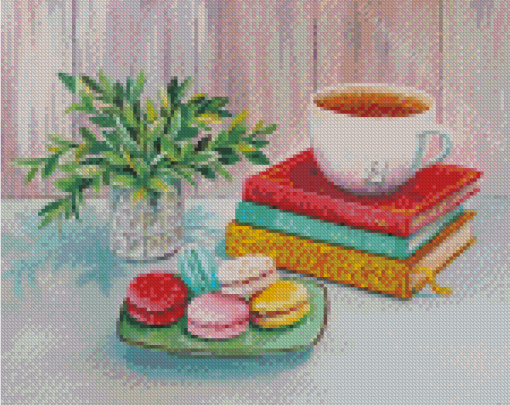Vintage Books With Tea Cup And Macarons Diamond Paintings