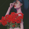 Woman And Red Roses Diamond Paintings