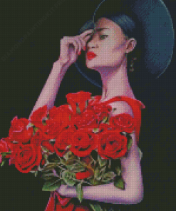 Woman And Red Roses Diamond Paintings
